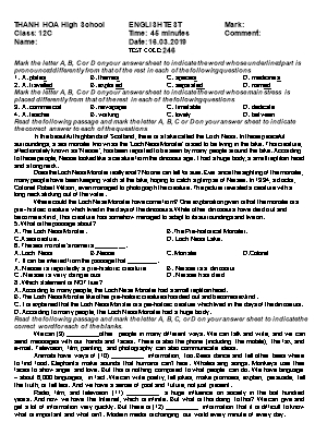 Bộ đề kiểm tra 45 phút môn Tiếng Anh Lớp 12 - Năm học 2018-2019 - Trường THPT Thanh Hoa